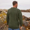 Men's Lightweight Aran Sweater: 100% Wool Irish Knit, Army Green