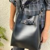Black Leather Handbag Women Bucket Bag Crossbody Shopping