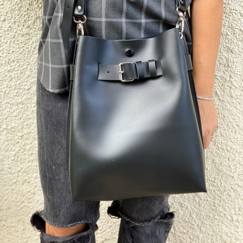 Black Leather Handbag Women Bucket Bag Crossbody Shopping